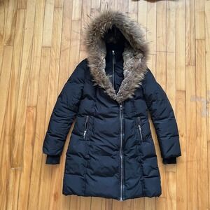 Mackage Black Down Parka Womens Large Rabbit Fur Lined Fox Trim Hood Double Zip